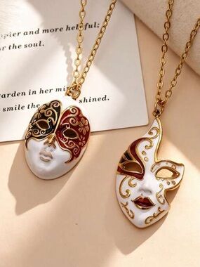 Venetian Masquerade Porcelain Face Pendant Necklace Elegant Gold Art Jewelry